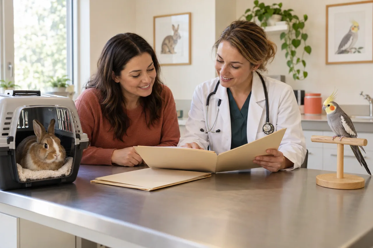 An owner and veterinarian reviewing folders with a rabbit in a carrier and a cockatiel on a separate perch
